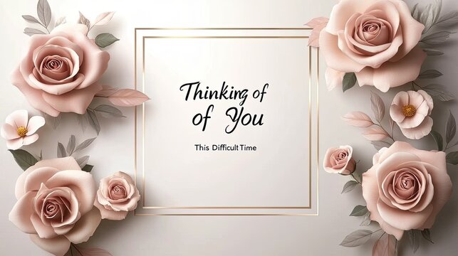 Elegant blush pink roses and leaves surround a gold frame with the text "Thinking of you this difficult time".