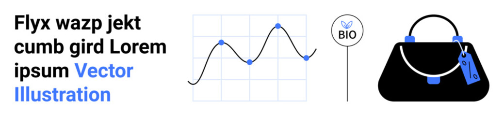 Graph showcasing trends, a bio-themed label, and a stylish handbag with a tag. Ideal for analytics, sustainability, fashion, e-commerce, marketing branding data visualization. Perfect as a flat