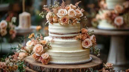 Elegant wedding cake adorned with roses and flowers displayed at a romantic outdoor venue during a sunny afternoon celebration