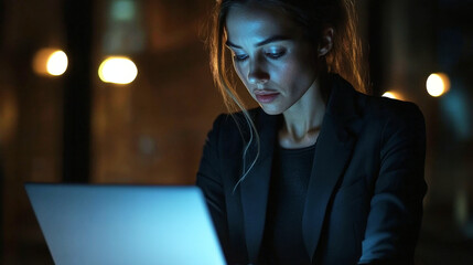 Professional woman focused on work at laptop in dark corporate setting with dramatic lighting