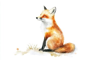 Watercolor Illustration of a Sitting Fox in Bright Colors