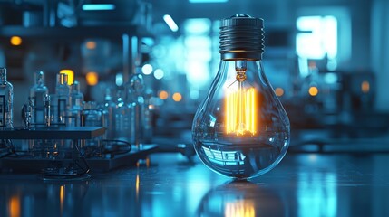 Glowing lightbulb in lab, innovation concept