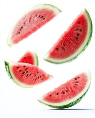 Fresh Watermelon Slices Floating in the Air, Isolated on White Background