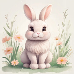 Obraz premium Cute Fluffy White Bunny with a Gentle Expression Sitting on Grass with Pastel Flowers, Minimalistic Background