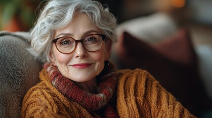 Elderly woman with stylish glasses smiles warmly while relaxing in a cozy living room filled with soft textures and warm colors
