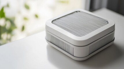 Modern Air Purifier on White Table with Plants in Background
