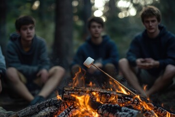 Fototapeta premium A close-up of toasted marshmallows being roasted over a campfire.