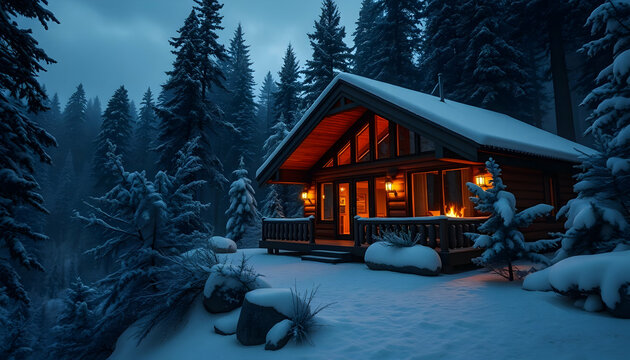 Cozy winter cabin, glowing windows, snow-covered landscape, evergreen forest, twilight sky, warm light, rustic wooden architecture, serene atmosphere, nighttime scene, idyllic mountain retreat, peacef - Powered by Adobe