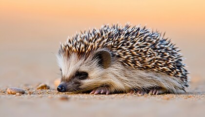 Fototapeta premium Cute Hedgehog Resting on a Sandy Surface at Sunset Glow