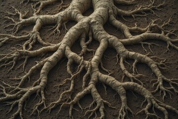 Fototapeta premium Gnarled Tree Roots Intertwined Across Earthy Soil