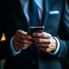 Fototapeta premium Business professional engaged with smartphone in a dark setting for communication