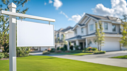 Obraz premium Empty sign in front of a beautiful house - House for sale and real estate concept