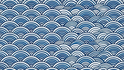 Traditional Japanese wave pattern with symmetrical ripples in blue and white colors, creating a seamless background illustration for design purposes, Symmetry, Blue