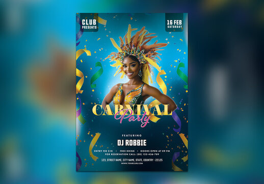 Editable Carnival Party Flyer or Poster Template, with African Female Samba Dancer and Event Details in Blue Color.