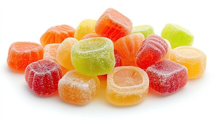 Colorful Sugar Coated Gummy Candy cubes isolated on white background with bright fruity flavors and soft chewy texture, vibrant Colorful Sugar Coated Gummy Candy for kids snack advertising 