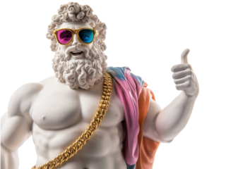 Marble statue of Zeus wear olorful sunglasses and thumb up
