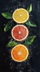 Fresh Citrus Fruits with Water Droplets on a Dark Background