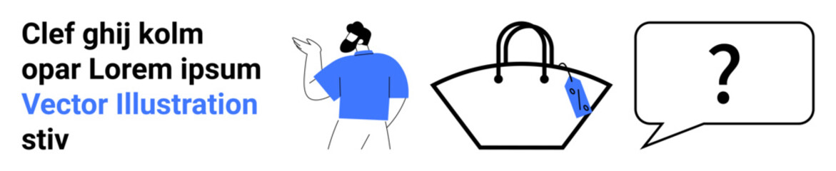 Man in blue shirt gesturing towards handbag with hanging tag and question mark in speech bubble. Ideal for shopping, e-commerce, customer queries, product choice, decision-making, communication, flat