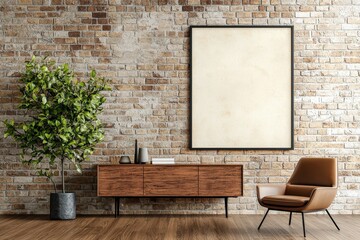 Stylish Indoor Scene with Elegant Chair, Wooden Cabinet, Neutral Wall, Green Plant, and Blank Canvas for Art Display