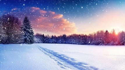 A wonderful winter scene with trees covered in snow and falling snowflakes, creating an enchanting and serene scene