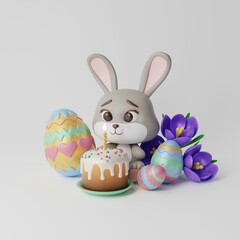 3D realistic gray rabbit with colorfully decorated Easter cake with candle, painted eggs and crocuses. Happy Easter. 3D rendering.