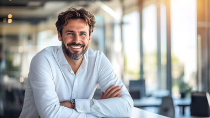 Obraz premium Young business man executive smiling in modern office background. 