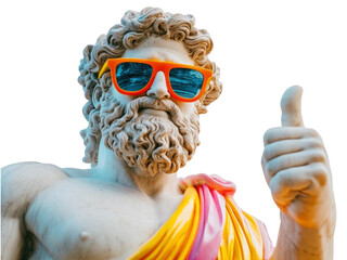 Marble statue of Zeus wear olorful sunglasses and thumb up