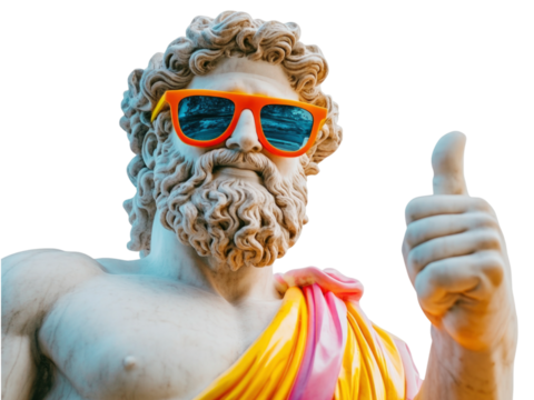 Marble statue of Zeus wear olorful sunglasses and thumb up