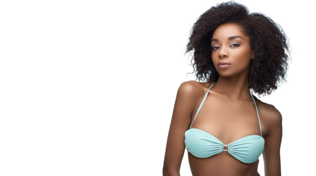 beauty ethnic Afro-American young woman model in swimsuit. Happiness. transparent background. png