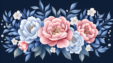 Elegant pink and blue peonies floral arrangement, dark background, wedding invitation design