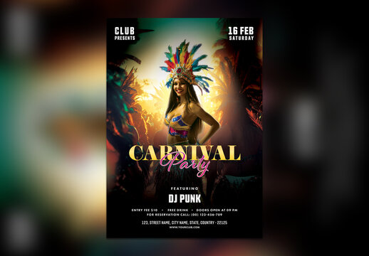 Editable Carnival Party Flyer or Poster Template, with Female Samba Dancer for Advertising.