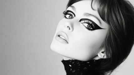 Elegant young woman showcases bold mod fashion and graphic eyeliner in high-fashion editorial style