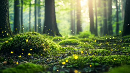 Fototapeta premium Enchanted woodland glows with fireflies amidst lush moss in early spring