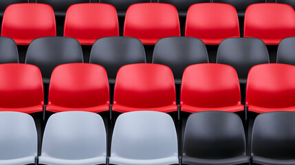 Naklejka premium Empty stadium seats; red, black, and grey plastic chairs; rows of seating; event preparation; stock photo for sports or event websites