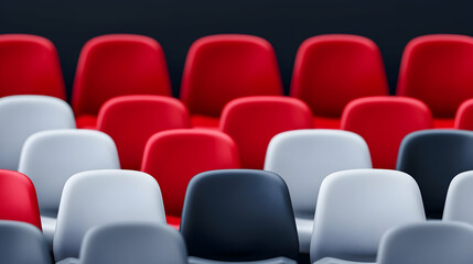 Obraz premium Empty stadium seats, red, grey, and black colors, awaiting audience. Event preparation, background blurred