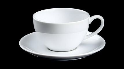 Obraz premium Empty white teacup and saucer on black background; ideal for cafe menu or website design