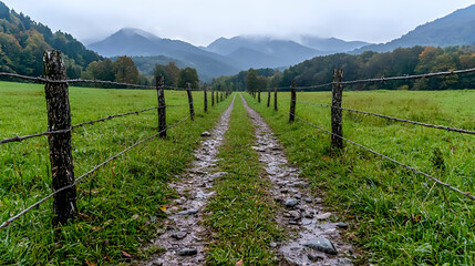 Fototapeta premium Rural road, mountains background, autumn scenery, travel