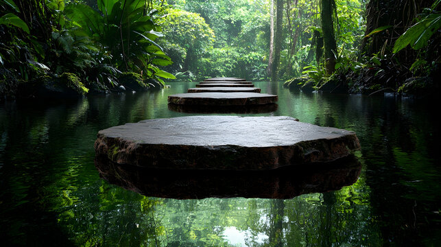 Tranquil stone path through lush jungle