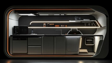 Obraz premium Futuristic minimalist kitchen interior design with sleek cabinets, integrated appliances, and LED lighting.