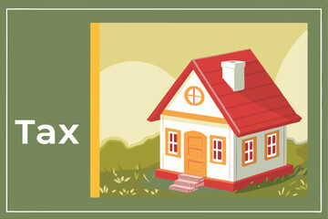  Miniature house model, TAX written on side, red roof, white walls, grass, blurred background, macro photography, shallow depth of field, sunlight, property tax concept, financial metaphor, toy-like