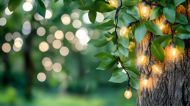 Fairy lights strung on tree branch in garden, bokeh background; perfect for summer event invitation