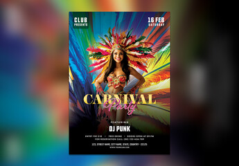 Editable Carnival Party Flyer or Poster Template, with Female Samba Dancer and Event Details for Advertising.