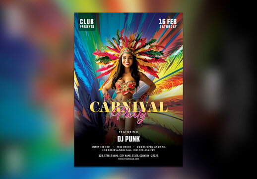 Editable Carnival Party Flyer or Poster Template, with Female Samba Dancer and Event Details for Advertising.