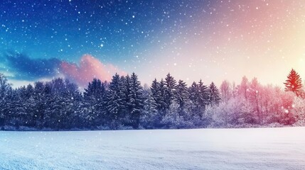 A wonderful winter scene with trees covered in snow and falling snowflakes, creating an enchanting and serene scene