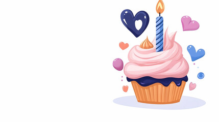 Festive cupcake with candle and hearts; celebration background; ideal for birthday cards
