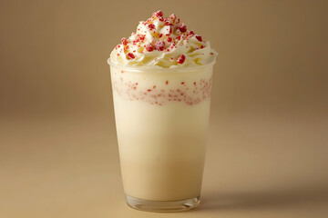 Delicious creamy vanilla milkshake topped with whipped cream and red sprinkles. Perfect for summer refreshment or a sweet treat.