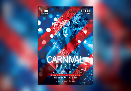 Editable Carnival Party Flyer or Poster Template, with Female Samba Dancer in Blue and Red Color.