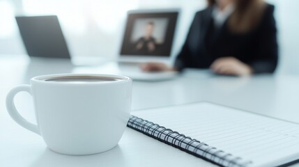 Coffee Break Business Meeting in Office Space Notebook and Laptop on Table Professional Atmosphere Focused View
