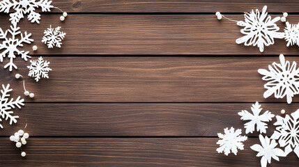 Festive winter snowflakes on wood background; holiday greeting card design