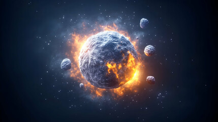 Obraz premium Fiery asteroid collision in space, cosmic explosion background, science fiction illustration